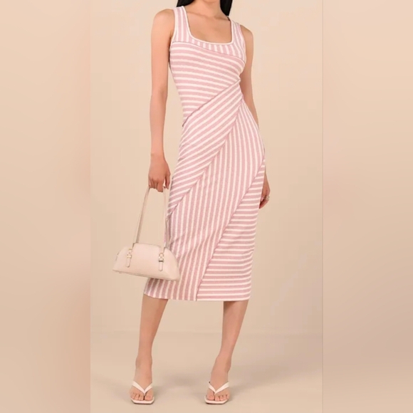 Lulus Dresses & Skirts - Lulus Constantly Trendy Blush Striped Crinkle Bodycon Midi Dress, Size Large